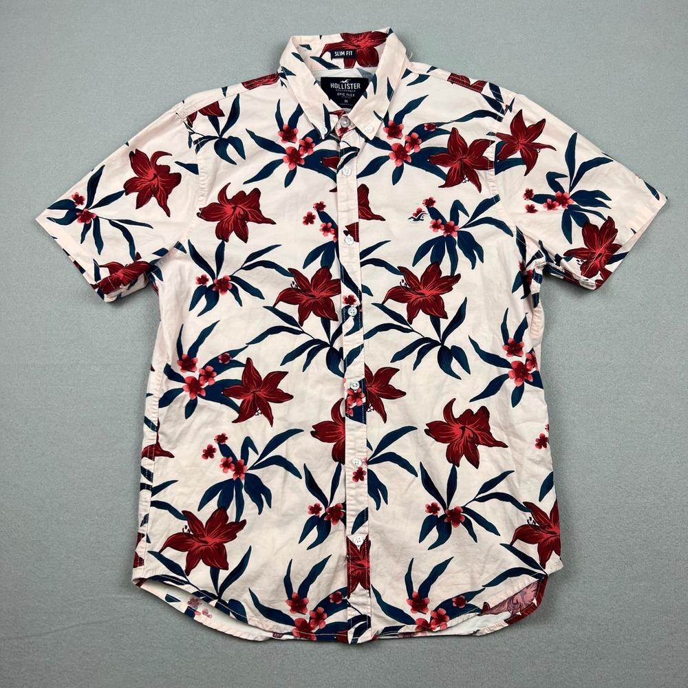 Hollister Mens M Pink Floral Epic Flex Slim Fit Short Sleeve Button Down Shirt